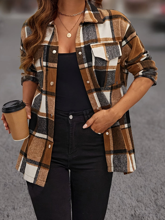 Chemise à manches longues à carreaux de couleurs mélangées - parfaite pour les femmes, surchemise polyvalente