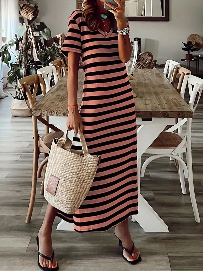 Robe décontractée pour femmes à rayures - Col en V - Manches courtes - Respirante et coupe détendue
