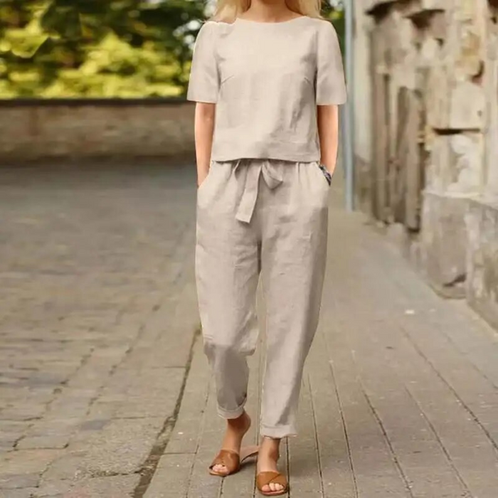 Ensemble 2 pièces en lin chic et confortable pour femmes - Tenue élégante et confortable