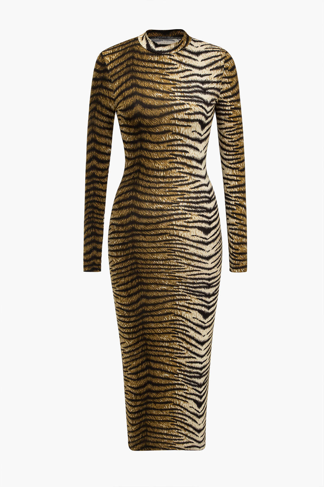 Vestido Bodycon Midi para Mujeres - Manga Larga, Cuello Alto y Estampado Animal para un Estilo Elegante