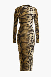 Vestido Bodycon Midi para Mujeres - Manga Larga, Cuello Alto y Estampado Animal para un Estilo Elegante