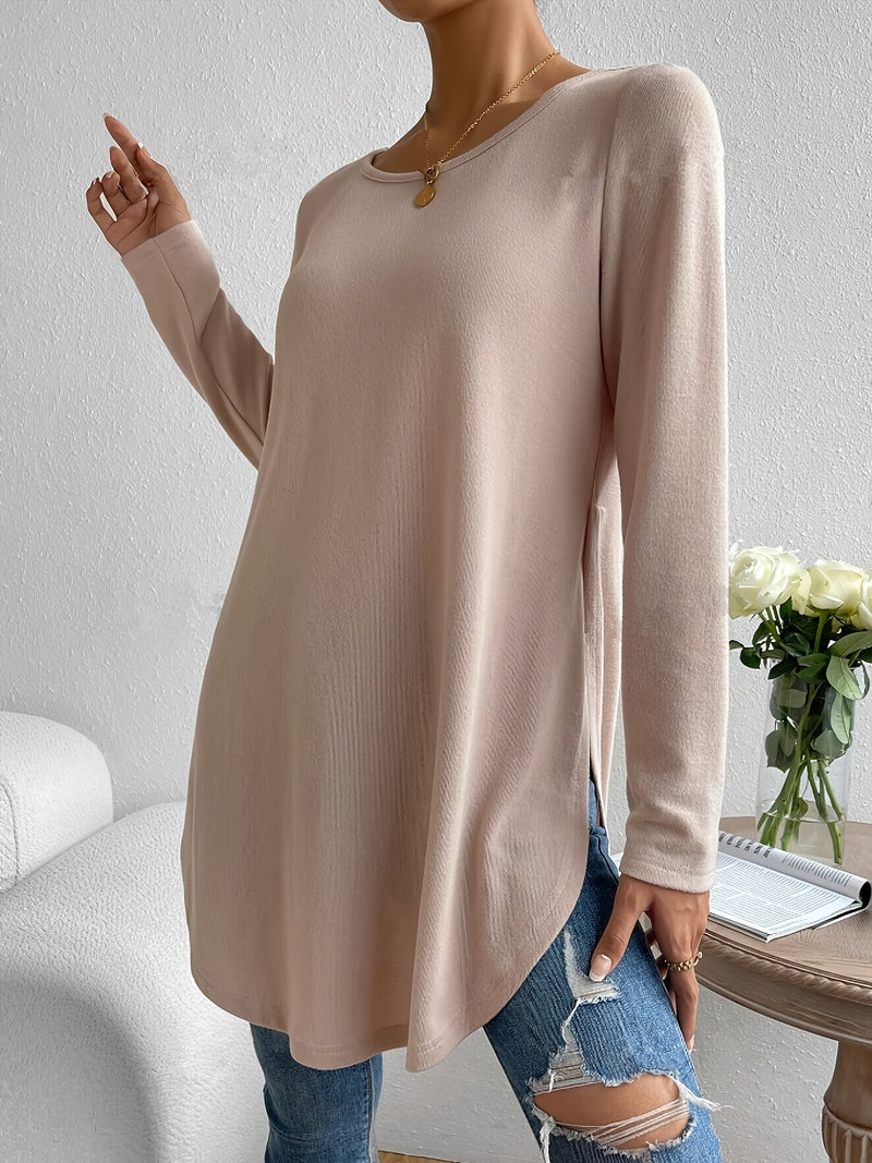 Light Beige Long Sleeve Top for Women - Stylish Casual T-Shirt with Curved Zoom