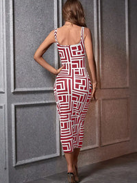 Élégante robe midi bodycon pour femmes, avec encolure carrée, sans manches et motif géométrique stylisé