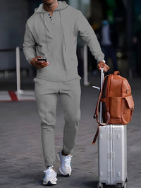 Ensemble de survêtement pour hommes - Hoodie à col boutonné - Mancherons côtelés - Pantalons de jogging avec cordon de serrage