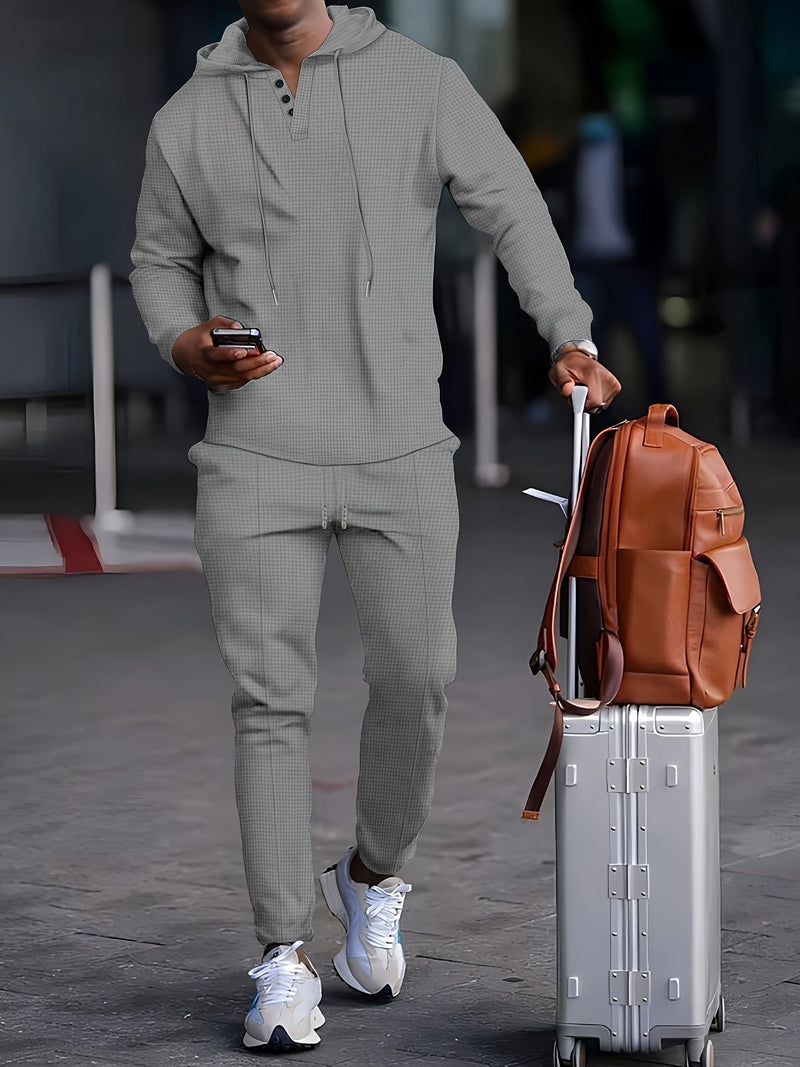 Ensemble de survêtement pour hommes - Hoodie à col boutonné - Mancherons côtelés - Pantalons de jogging avec cordon de serrage