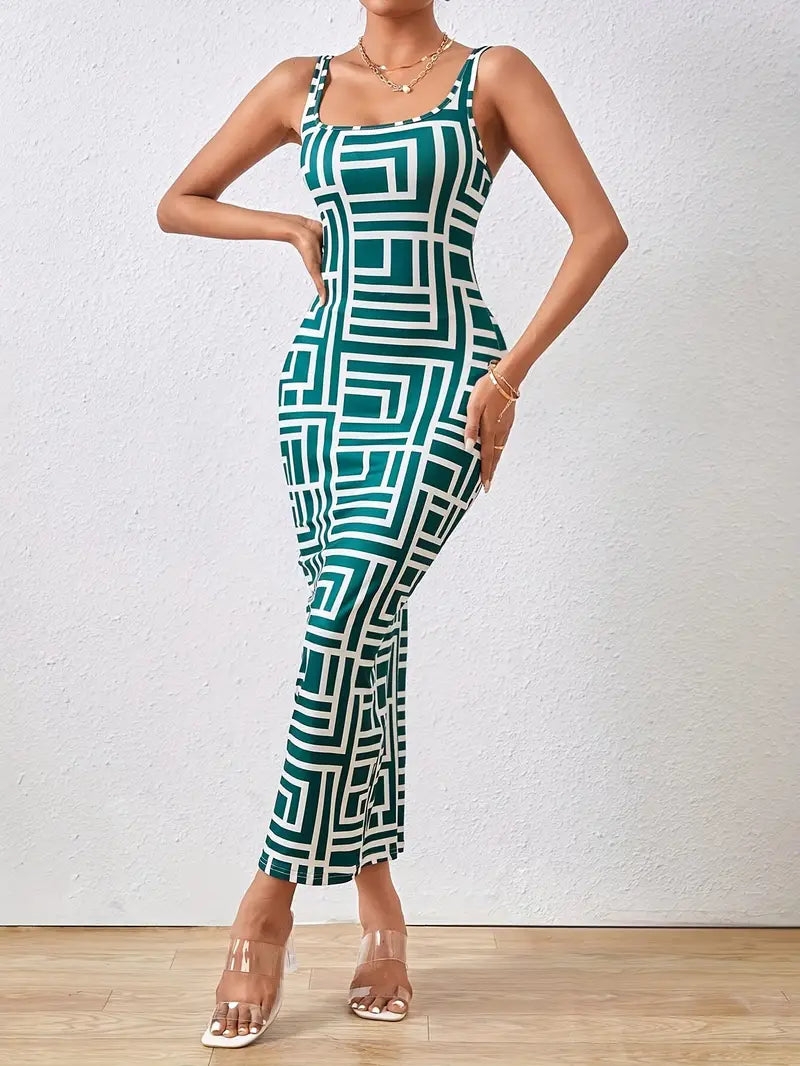 Élégante robe midi bodycon pour femmes, avec encolure carrée, sans manches et motif géométrique stylisé