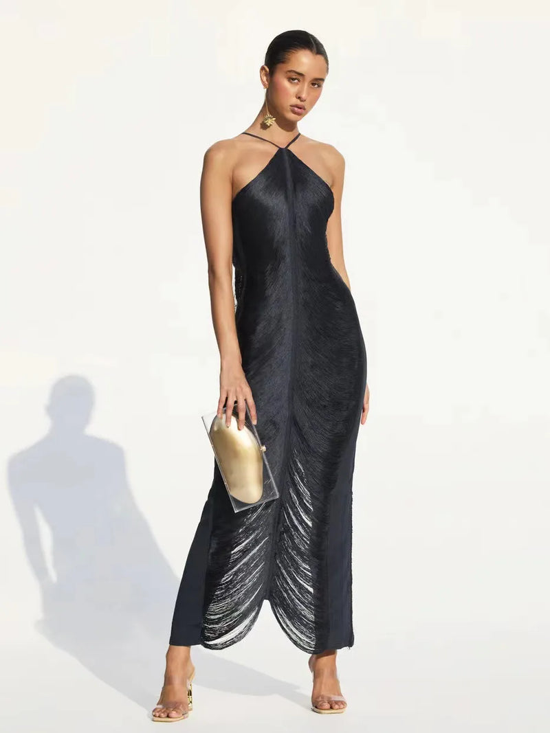 Robe élégante d'été à frange asymétrique avec manches longues - Élégance sophistiquée pour femmes