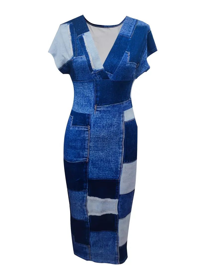 Robe moulante pour femmes en denim patchwork, longueur mi-cul, col en V à manches courtes