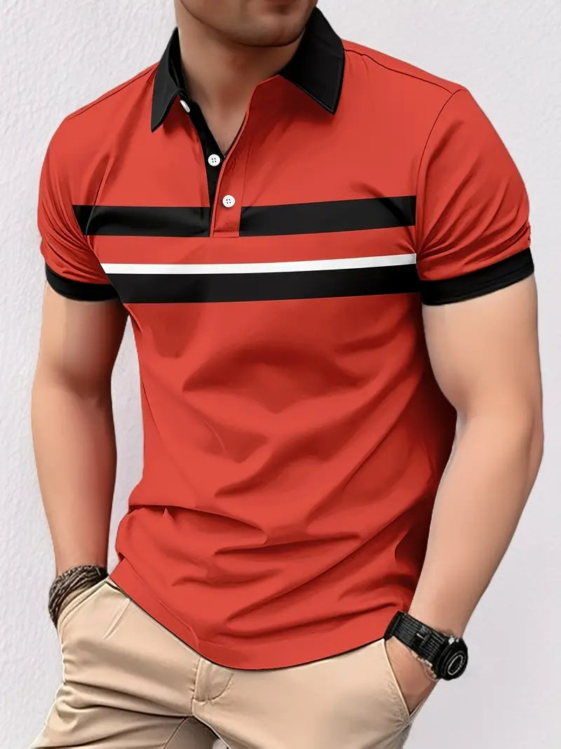 Polo classique pour hommes avec col et poignets contrastés - motifs rayés élégants sur la poitrine, coupe régulière