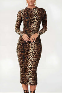 Vestido Bodycon Midi para Mujeres - Manga Larga, Cuello Alto y Estampado Animal para un Estilo Elegante