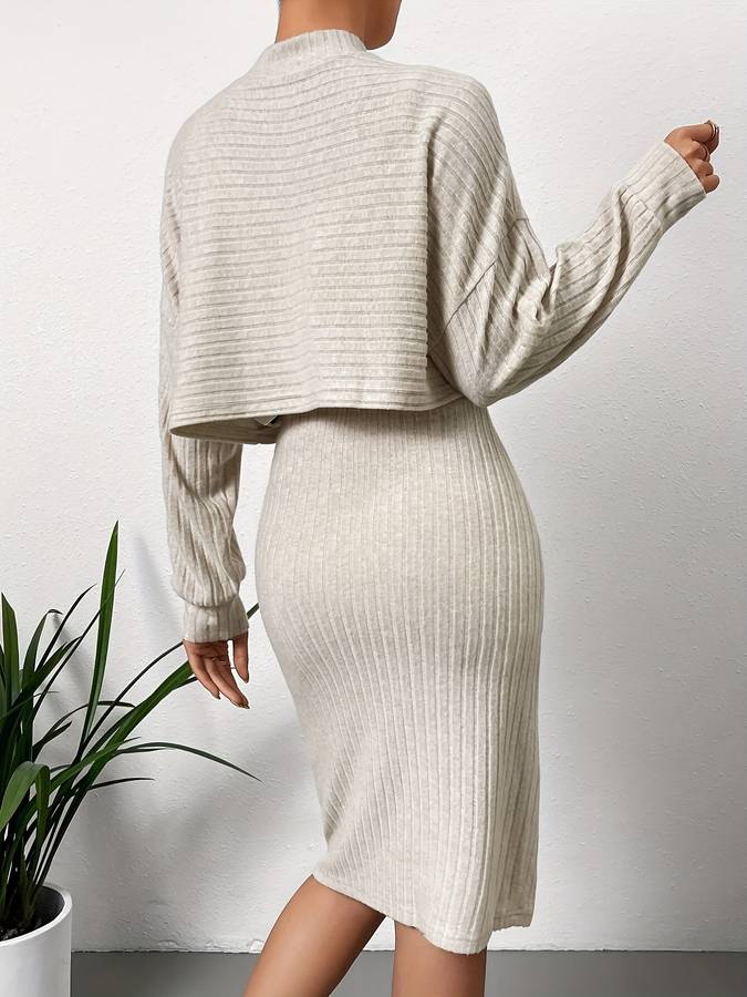 Ensemble midi élégant 2 pièces pour femmes en tissu côtelé - Top confortable en tricot et robe élégante pour le confort de tous les jours