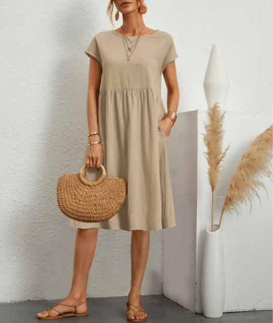 Élégante robe midi en coton et lin à manches courtes pour femmes pour un look chic et confortable