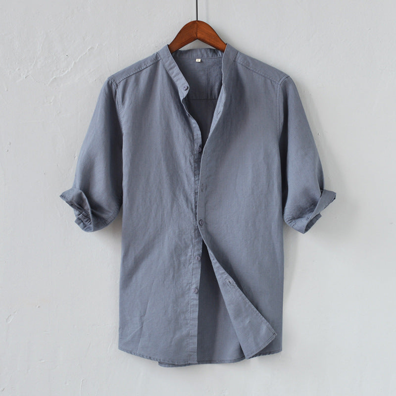 Chemise Homme en Lin Mélangé - Coupe Décontractée - Manches Mi-longues - Col Mandarin - Style Casual à Boutons