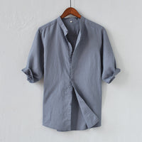 Chemise Homme en Lin Mélangé - Coupe Décontractée - Manches Mi-longues - Col Mandarin - Style Casual à Boutons