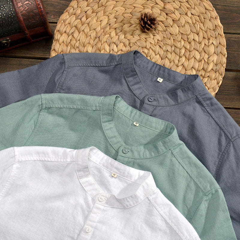 Chemise Homme en Lin Mélangé - Coupe Décontractée - Manches Mi-longues - Col Mandarin - Style Casual à Boutons
