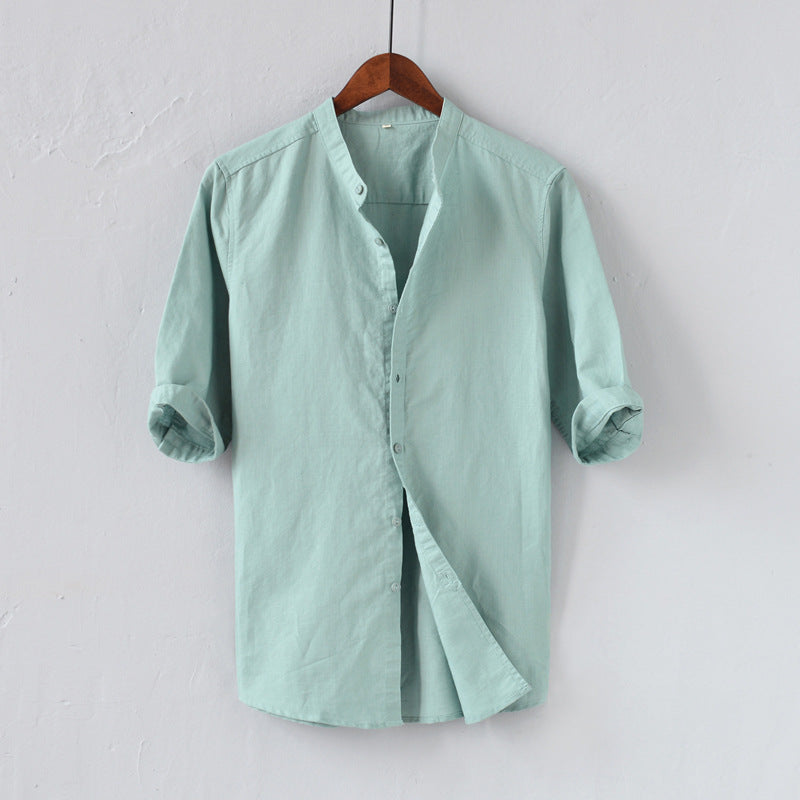 Chemise Homme en Lin Mélangé - Coupe Décontractée - Manches Mi-longues - Col Mandarin - Style Casual à Boutons