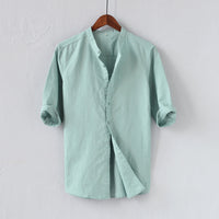 Chemise Homme en Lin Mélangé - Coupe Décontractée - Manches Mi-longues - Col Mandarin - Style Casual à Boutons
