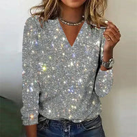 Pull étincelant à manches longues et col en V pour un look élégant