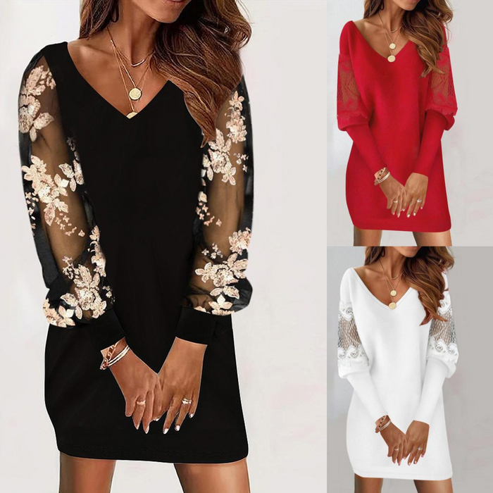 Robe pour femmes - Col en V - Manches longues transparentes avec broderie florale - Ajustement élégant