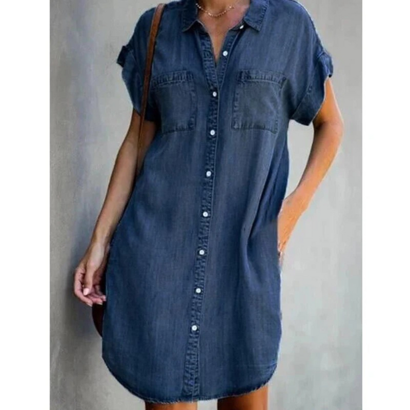 Robe chemise en denim pour femmes - boutons extérieurs - manches courtes - coupe décontractée et tendance