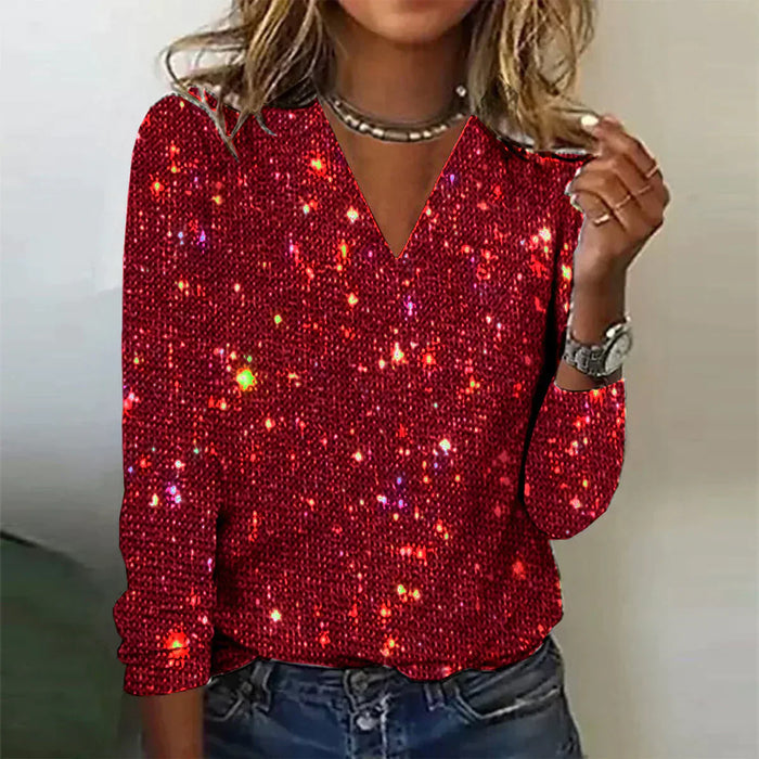 Pull étincelant à manches longues et col en V pour un look élégant