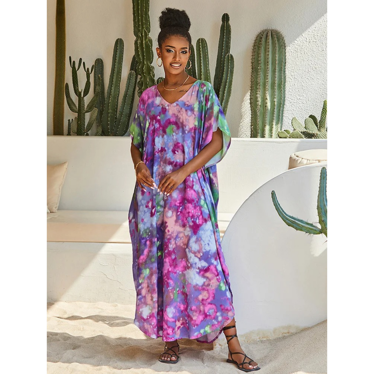 Kaftan élégant pour femmes - Couverture de plage légère et fluide à col en V pour un style estival confortable