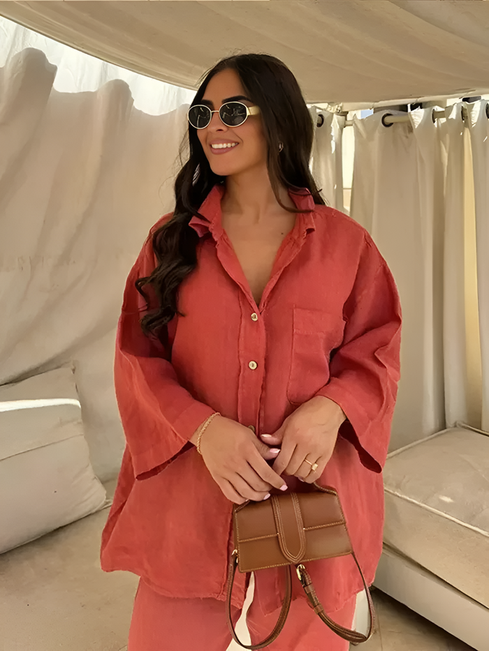 Ensemble 2 pièces blouse et pantalon en lin pour femme - tenue d'été élégante et respirante pour une tenue décontractée