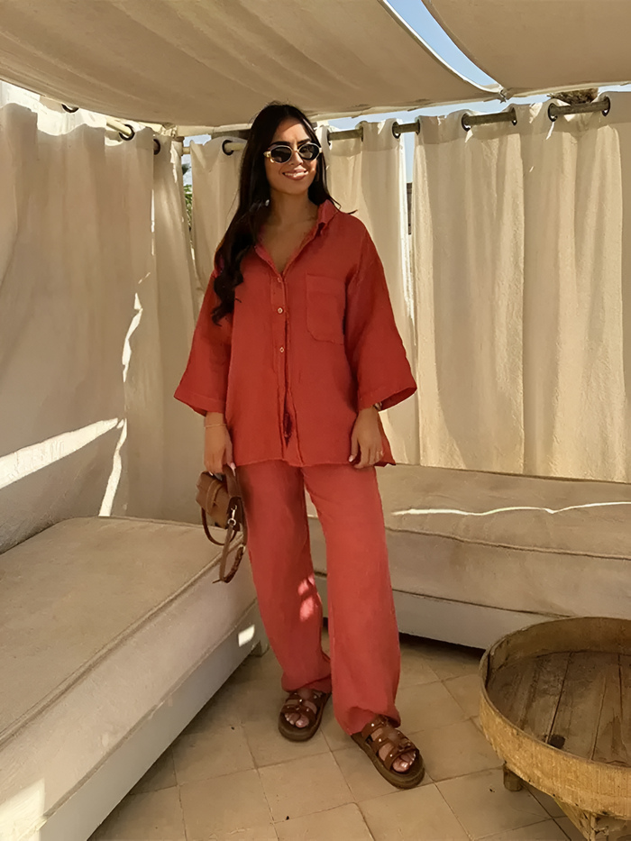 Ensemble 2 pièces blouse et pantalon en lin pour femme - tenue d'été élégante et respirante pour une tenue décontractée