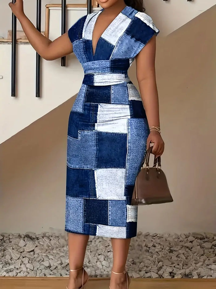 Robe moulante pour femmes en denim patchwork, longueur mi-cul, col en V à manches courtes