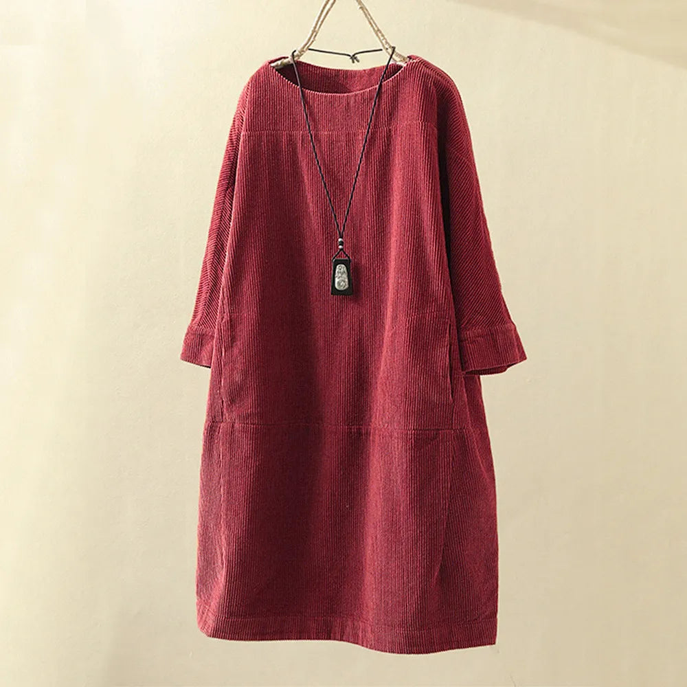 Robe en velours côtelé pour femme - Coupe décontractée - Longueur genou - Manches 3/4 - Style minimaliste élégante