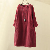 Robe en velours côtelé pour femme - Coupe décontractée - Longueur genou - Manches 3/4 - Style minimaliste élégante