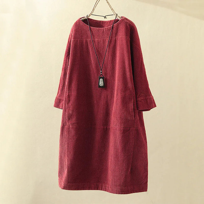Robe en velours côtelé pour femme - Coupe décontractée - Longueur genou - Manches 3/4 - Style minimaliste élégante