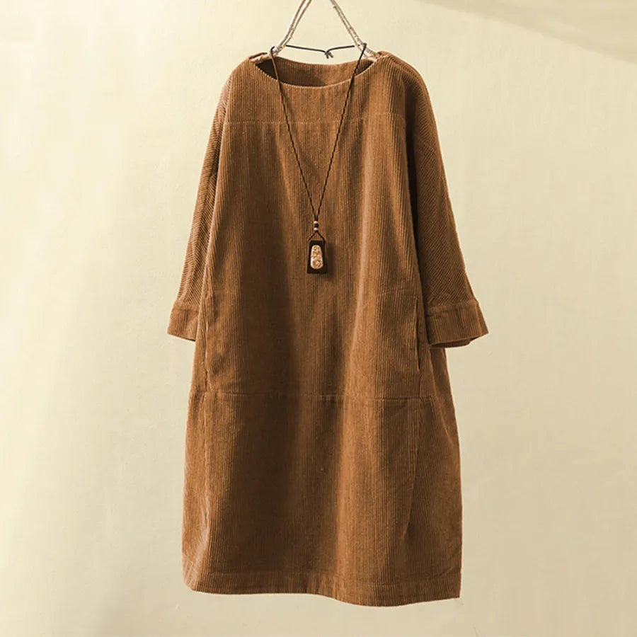 Robe en velours côtelé pour femme - Coupe décontractée - Longueur genou - Manches 3/4 - Style minimaliste élégante