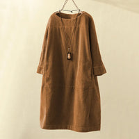 Robe en velours côtelé pour femme - Coupe décontractée - Longueur genou - Manches 3/4 - Style minimaliste élégante