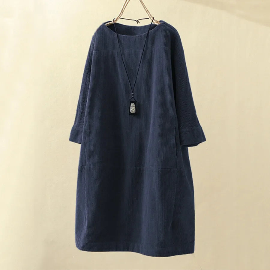 Robe en velours côtelé pour femme - Coupe décontractée - Longueur genou - Manches 3/4 - Style minimaliste élégante