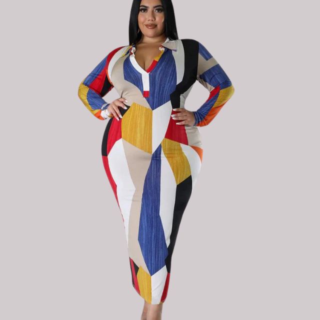 Robe midi élégante pour femmes avec col en V et manches longues imprimées géométriques