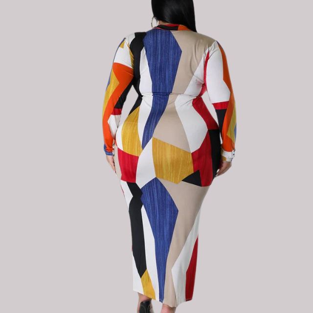 Robe midi élégante pour femmes avec col en V et manches longues imprimées géométriques
