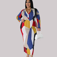 Robe midi élégante pour femmes avec col en V et manches longues imprimées géométriques