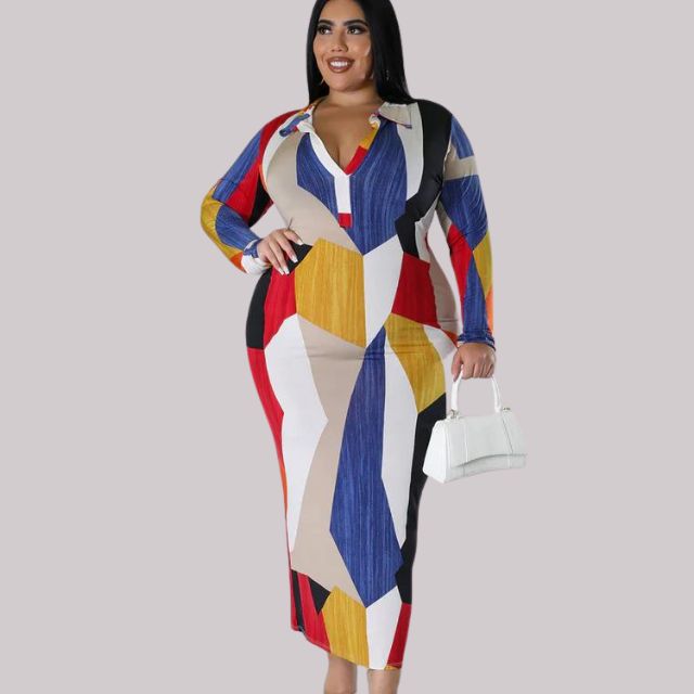 Robe midi élégante pour femmes avec col en V et manches longues imprimées géométriques