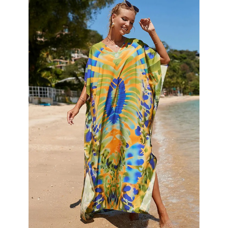 Kaftan élégant pour femmes - Couverture de plage légère et fluide à col en V pour un style estival confortable