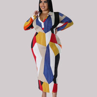 Robe midi élégante pour femmes avec col en V et manches longues imprimées géométriques