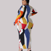 Robe midi élégante pour femmes avec col en V et manches longues imprimées géométriques