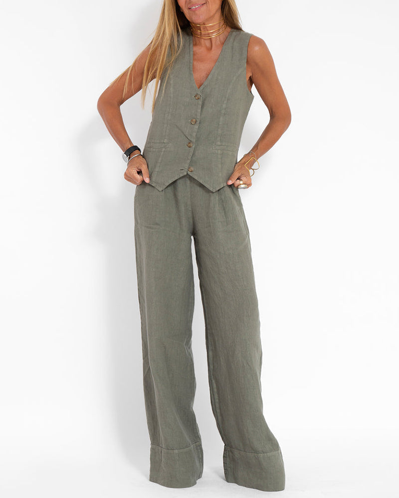 Tenue d'été élégante pour femme : pantalon large en lin 2 pièces et cardigan pour un look élégant et confortable
