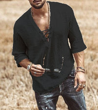Camisa Casual para Hombre - Ajuste Relaxed - Cuello en V con Cordón - Manga 3/4 - Ligera y Transpirable