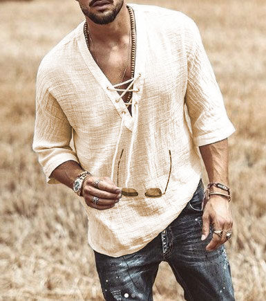 Camisa Casual para Hombre - Ajuste Relaxed - Cuello en V con Cordón - Manga 3/4 - Ligera y Transpirable