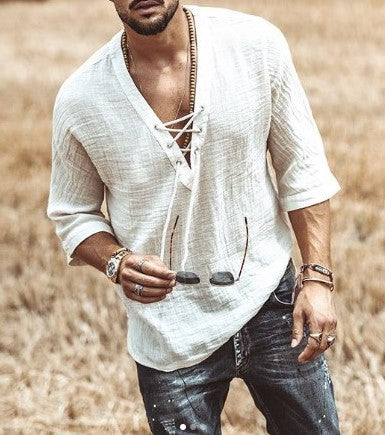 Camisa Casual para Hombre - Ajuste Relaxed - Cuello en V con Cordón - Manga 3/4 - Ligera y Transpirable