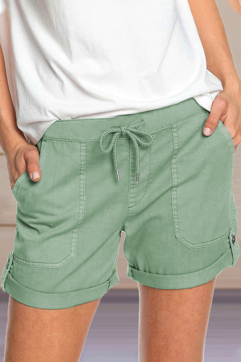 Short pour femmes avec cordon de taille ajustable et ourlet retourné pour un style décontracté