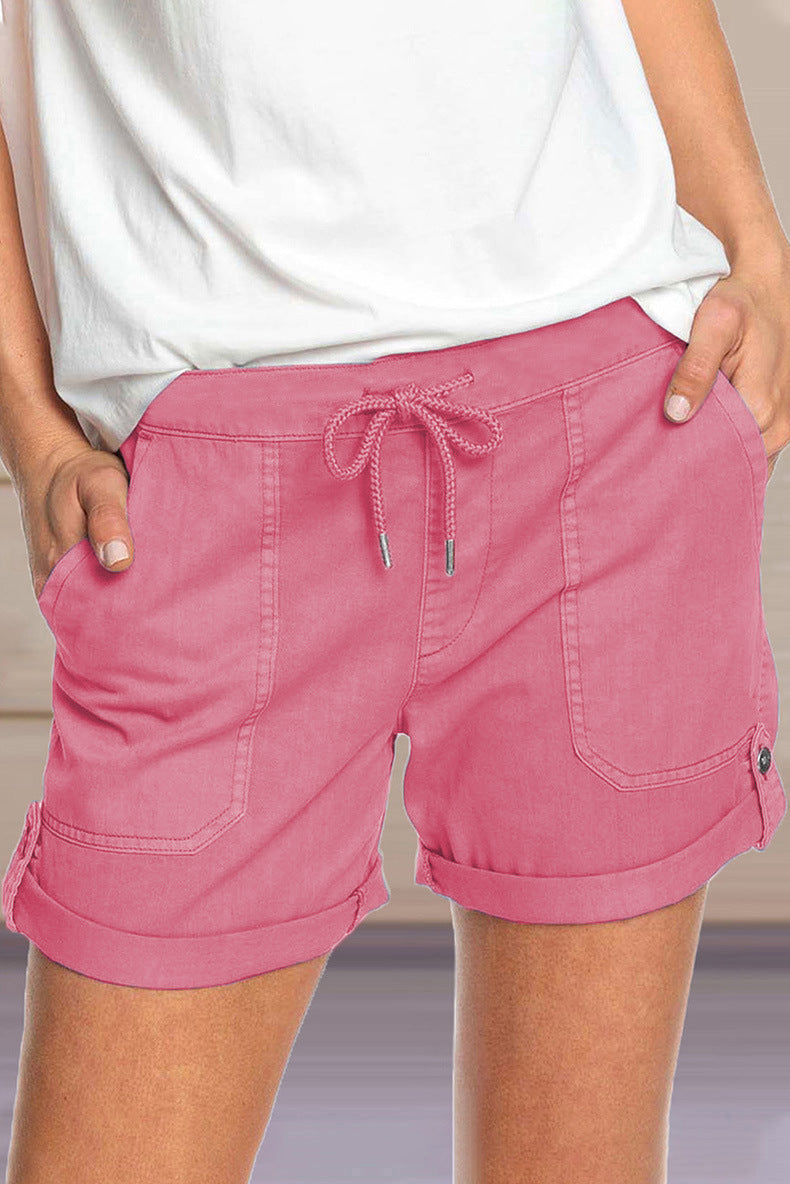 Short pour femmes avec cordon de taille ajustable et ourlet retourné pour un style décontracté