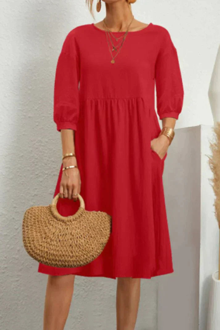 Réunion de mode pour femmes : Robe midi en lin fluide à coupe A-line, manches longues avec poches, parfait pour un look décontracté