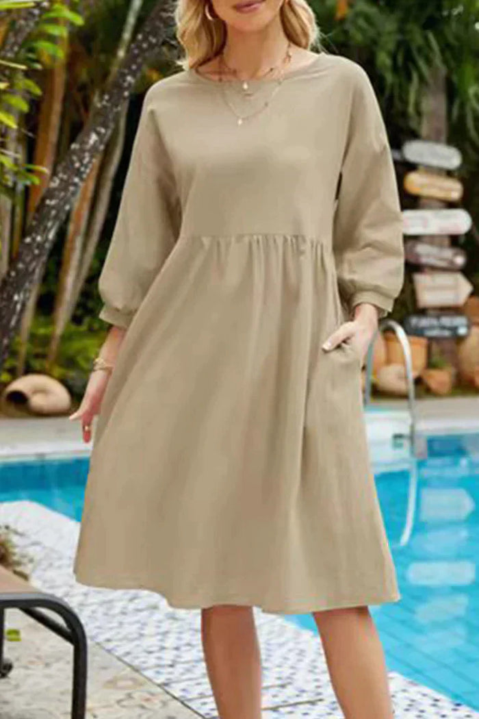 Réunion de mode pour femmes : Robe midi en lin fluide à coupe A-line, manches longues avec poches, parfait pour un look décontracté